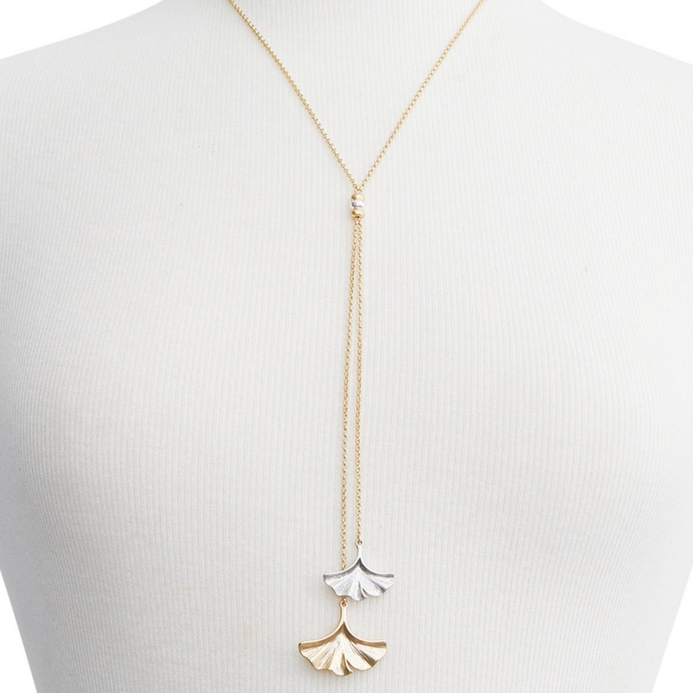 Two-tone Ginkgo Leaf Lariat Necklace 17”+ 2”